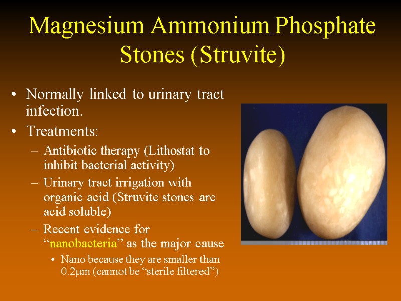 Magnesium Ammonium Phosphate Stones (Struvite) Normally linked to urinary tract infection. Treatments: Antibiotic therapy